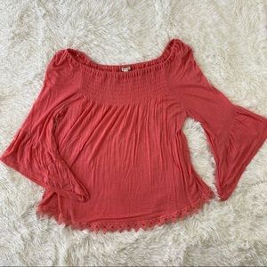 Eyeshadow Off Shoulder 3/4 Bell Sleeve Coral Top